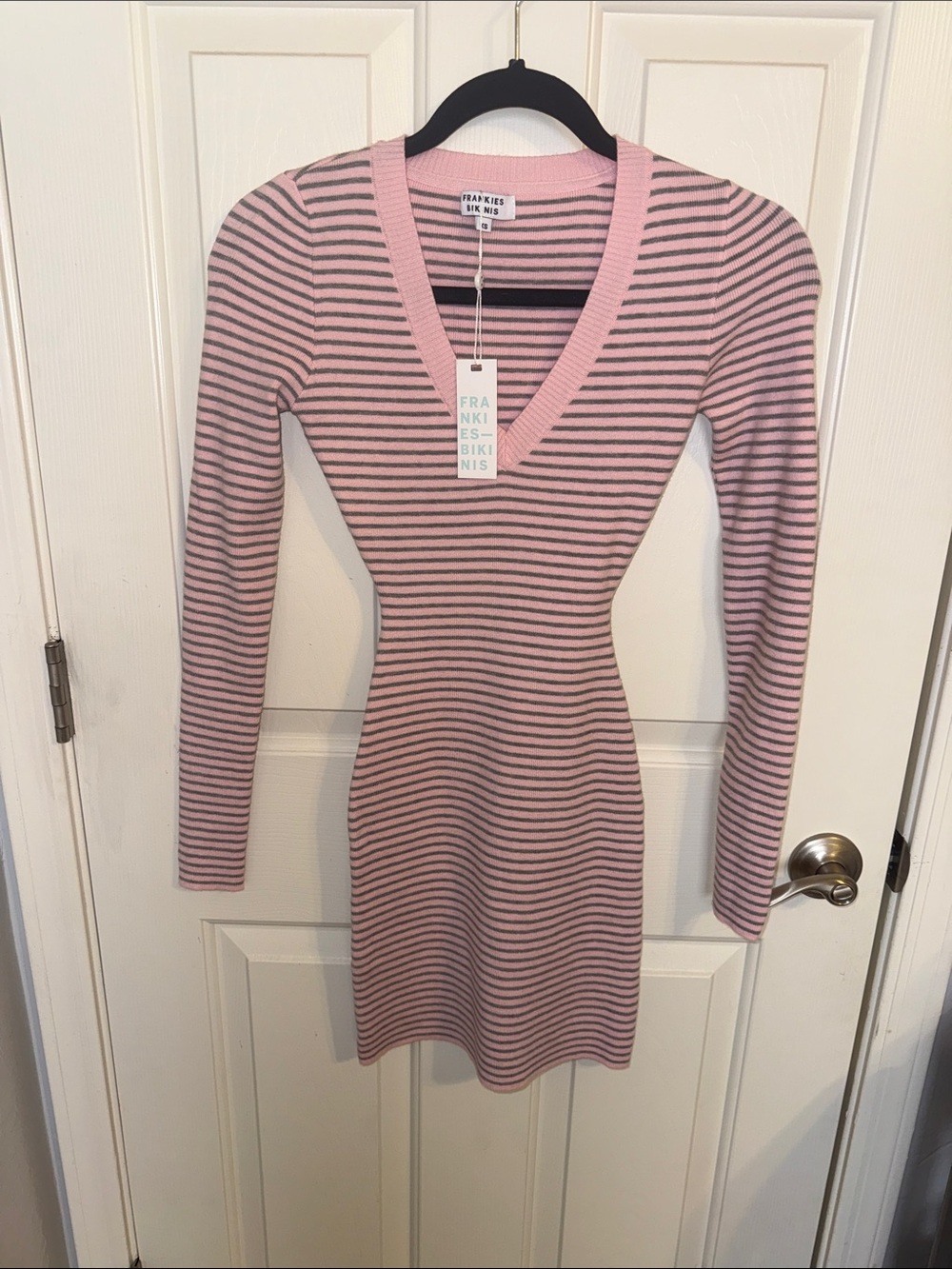 Frankie's Bikinis Pink and Gray Striped V-Neck Long Sleeve Knit Dress